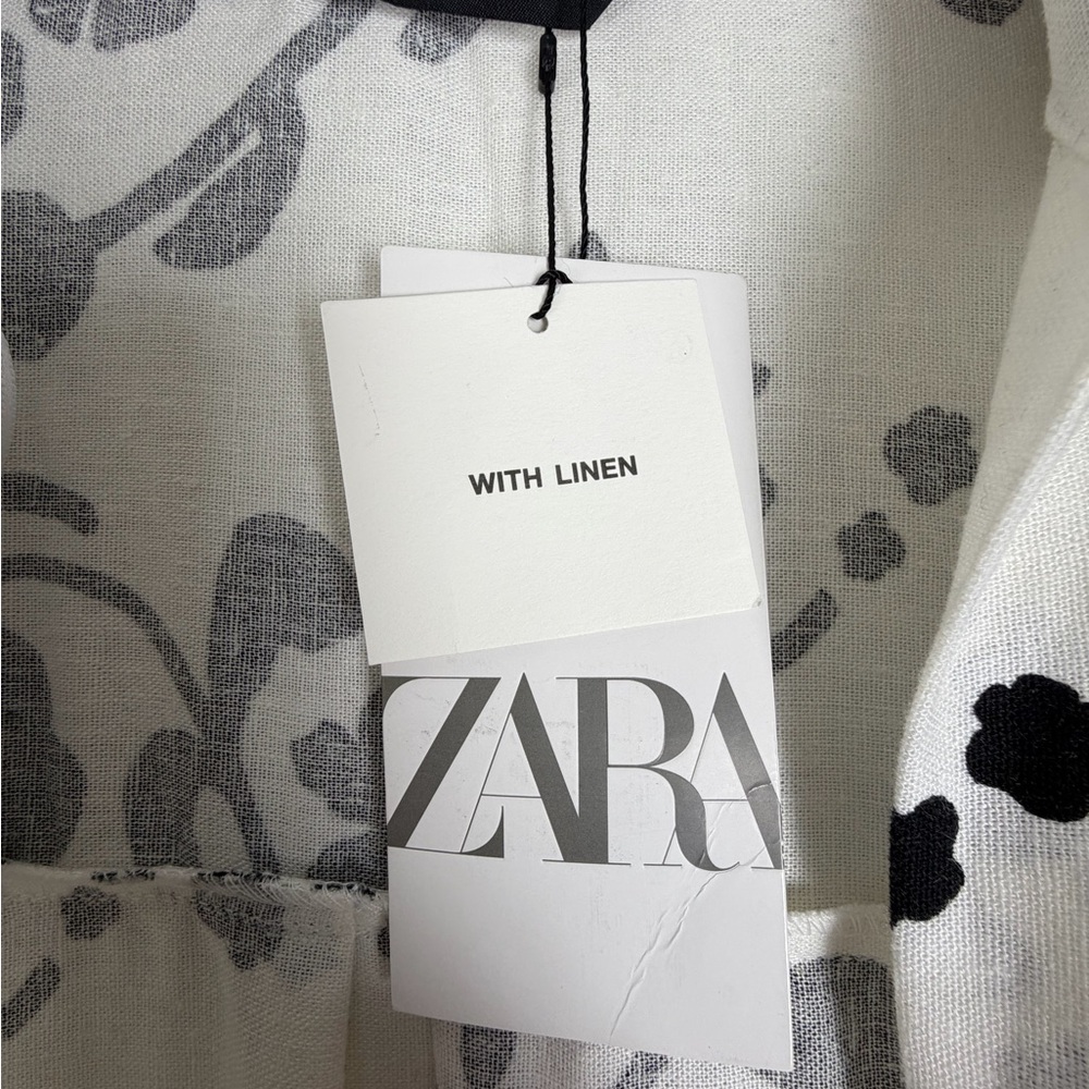 Linen Blend Zara Shirt Dress Minimalist Black White Print Button Down Pockets XL - Picture 10 of 16